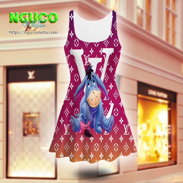 Lv and eeyore disney louis vuitton sleeveless midi flared dress gift uninque for women